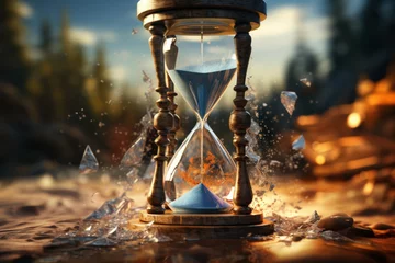 Foto op Canvas A shattered hourglass with sand suspended in mid-air, capturing the frozen moment between the passage of time. Concept of temporal suspension. Generative Ai. © Sebastian