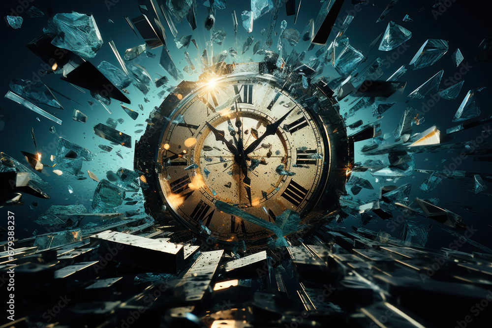 Poster a clock made of shattered mirrors reflecting fragmented images, illustrating the multifaceted aspect