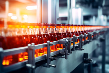 Illustration of an automated juice packing line in a beverage production plant.Bottles on a conveyor belt symbolize the efficiency of a bottling plant. Suitable for cover, banner, brochure, or present - obrazy, fototapety, plakaty