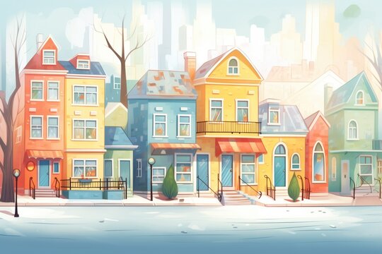 pastel painted houses in stark winter setting, magazine style illustration