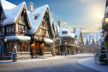 A charming holiday village with quaint houses, snow-covered rooftops, and a central town square...