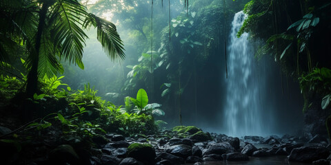 misty waterfall in a tropical jungle, foliage framing the scene, soft light filtering through the mist - obrazy, fototapety, plakaty