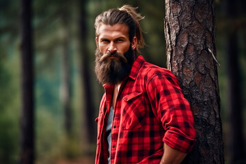 Bearded handsome lumberjack in a forest, clad in a red checked shirt. Bright image.  - obrazy, fototapety, plakaty
