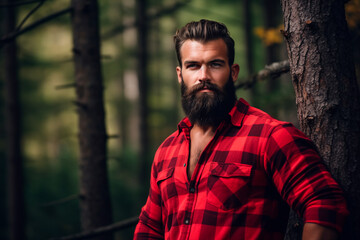 Bearded handsome lumberjack in a forest, clad in a red checked shirt. Bright image. 