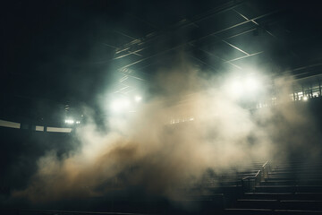 The brightness of stadium arena lights and the ethereal quality of smoke creating an ambiance of excitement and anticipation. Generative Ai.