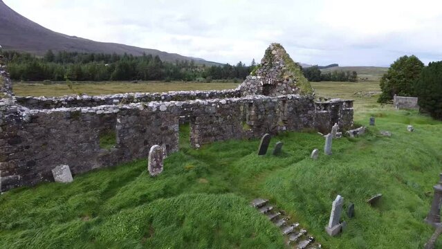Cill Chriosd church Ruin Dronefootage - Located between Broadford and Torrin, on the Isle of Skye. The Cill Chriosd is the ruin of a Parish church surrounded by a commonwealth graveyard.