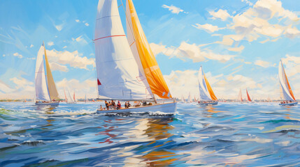 
Impressionist painting, vibrant sailboats racing on a sunny afternoon, water reflecting the clear blue sky, strong winds, playful waves