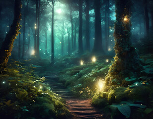 Ambient luminous forest in the moon night