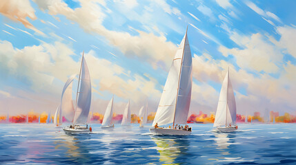 
Impressionist painting, vibrant sailboats racing on a sunny afternoon, water reflecting the clear blue sky, strong winds, playful waves