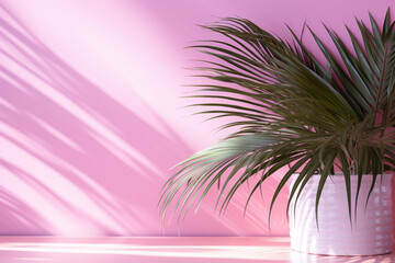 Fototapeta na wymiar Abstract background showcasing blurred shadow patterns from palm leaves projected onto a pink wall, creating a serene environment for product displays. Generative Ai.