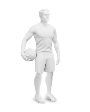 a image of a White mannequin Men’s with Full Soccer uniform with Ball half side view isolated on a white background