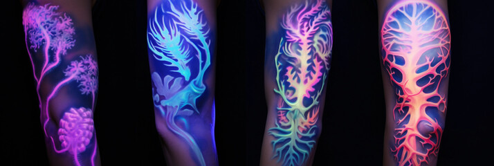 Neon tattoos, UV ink, glowing mandalas, bio-luminescent patterns, dark room, ultraviolet light