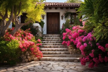 Fototapeta na wymiar Wooden double-leaf entrance door in a cozy eco-friendly house, stone steps and many beautiful flowers at the entrance