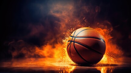 Basketball ball on fire on black background. Background for sporting events - obrazy, fototapety, plakaty