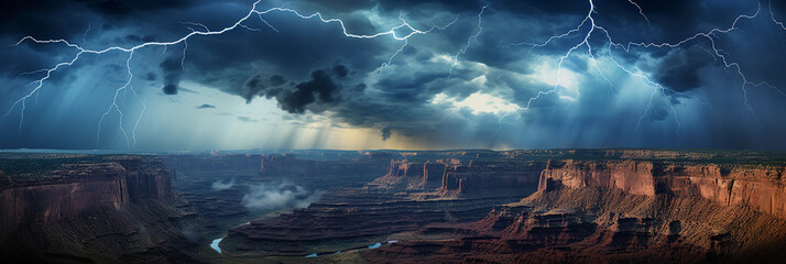 Panoramic view of a lightning storm over a canyon, dramatic sky, electrifying atmosphere, time-lapse photo composite, bold contrast