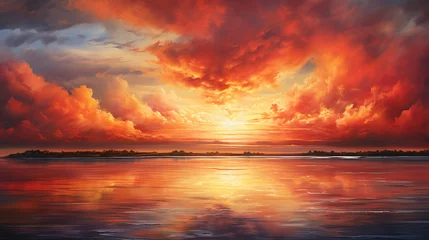Poster Surrealistic painting of a crimson sunset over a lake, swirling clouds morphing into firebirds, reflections in the still water, vivid colors, intense contrast, ethereal atmosphere © Gia
