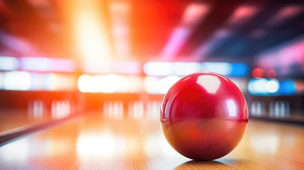 Foto op Canvas Bowling ball put on alley with blurred bowling pin background. © brillianata