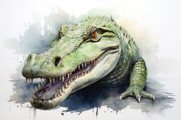 Obraz premium watercolor Crocodile, alligator tropical animal drawing by watercolor