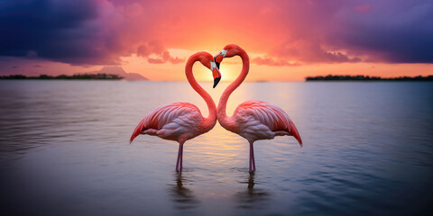 Pink Flamingos standing in the blue ocean