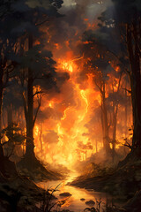 forest fire, burning trees and bushes. conflagration, wildfire. flames and clouds of smoke in the jungle. an environmental disaster.