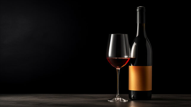 Glass and unbranded bottle of red wine isolated on black background, mockup with copy space for text. Alcohol product presentation, promotion, marketing.
