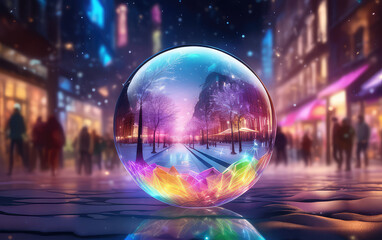 Colorful crystal glass ball with snowy trees inside on a night city street blurred background. Generative AI