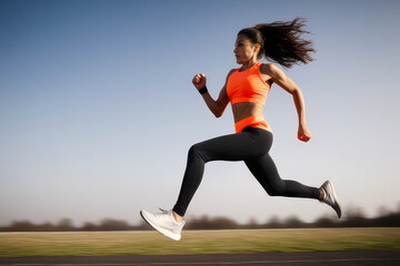 Fototapeta na wymiar Professional female athlete running. Woman running outdoors, jogging, dynamic sport.Generative AI