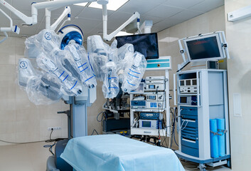 Surgery robot da vinci. Endoscopy hospital robot arm.