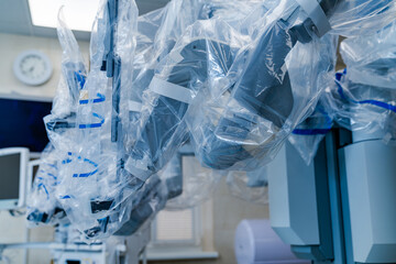Endoscopy hospital robot arm. Surgery robot da vinci.