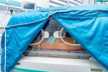 Emergency child incubator. Intensive newborn hospital equipment.