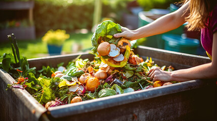 garden time - woman  put organic waste from the kitchen into a compost heap