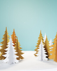 Christmas winter scene with beige and white paper cut pine trees with falling snow on blue background. 3D Rendering, 3D Illustration