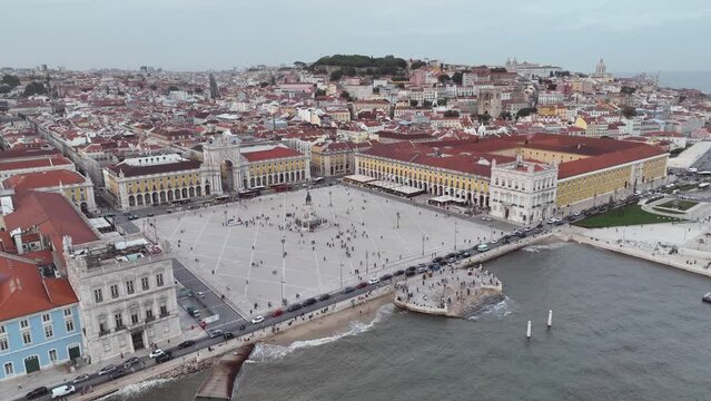 Commerce Square in Lisbon, Portugal. Palace Yard, Royal Palace of Ribeira. 4k