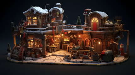 Fototapeta na wymiar A 3D model of Santa's workshop with twinkling lights and toy production.