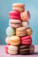 Obraz premium Macaroons close-up. A pyramid of cakes. A pile of cookies. Delicate pink and blue colors, delicious dessert.