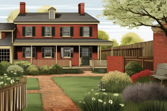 saltbox house with brick facade, freshly fallen snow in foreground, magazine style illustration