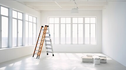 New empty apartment with big window and ladder
