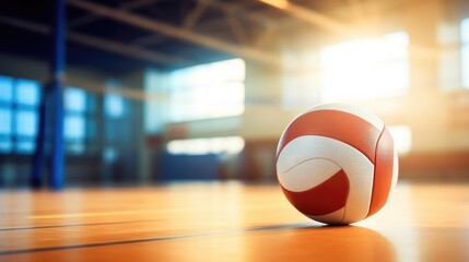 Volleyball ball on blurred wooden parquet background. Banner, space for text