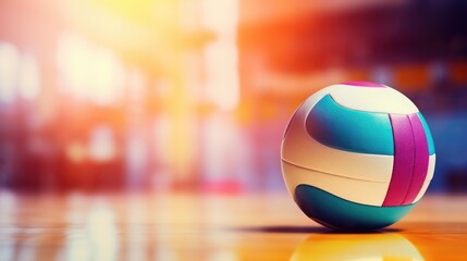 Fototapeta premium Volleyball ball on blurred wooden parquet background. Banner, space for text