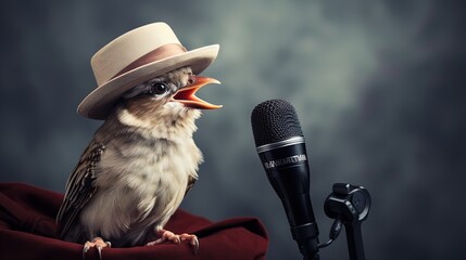 A bird in a journalistic hat holding a microphone and asking questions - obrazy, fototapety, plakaty