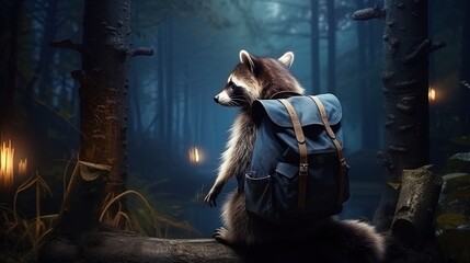 Raccoon traveler examining various climatic zones - obrazy, fototapety, plakaty