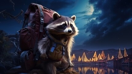 A raccoon with a backpack examining mysterious places in the night