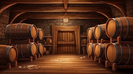 Rustic Elegance in Wine Cellar Design with Wooden Barrels and Boards - obrazy, fototapety, plakaty