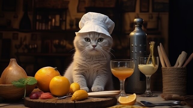A kitten in a culinary cap, preparing cocktails from ingredients