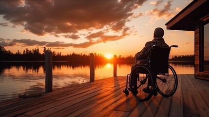 Relaxing at Dusk: Man in Wheelchair on Pier