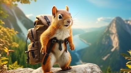 Squirrel with a backpack, conquering the top of a tall tree