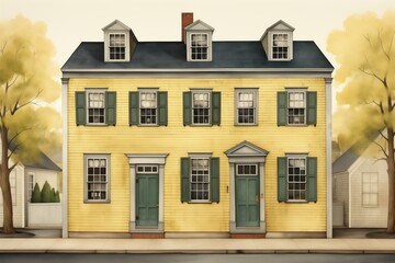Fototapeta na wymiar saltbox home with evenly spaced shutters on multiple windows, magazine style illustration