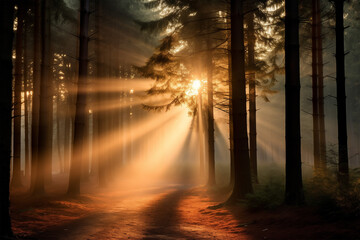 Sunbeams filtering through branches in a forest, peace, quiet