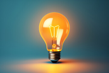 Glowing orange light bulb isolated on a blue background - obrazy, fototapety, plakaty
