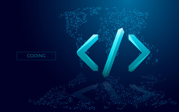 Digital program code icon on dark world map background with reflection on the mirror floor. Java or html symbol. Vector illustration in futuristic light blue style for creating websites and software.